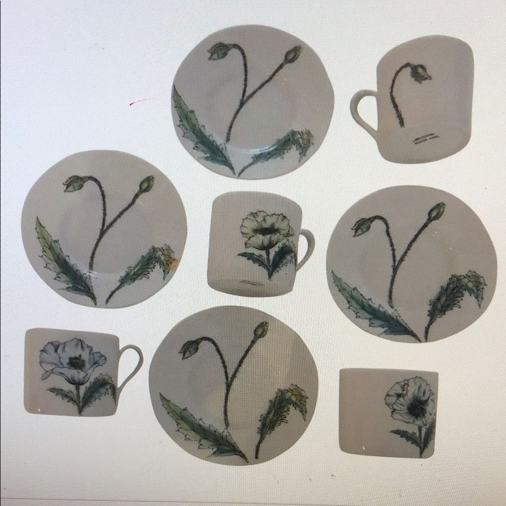 Floral Ceramic Plate and demitasse Set for 4